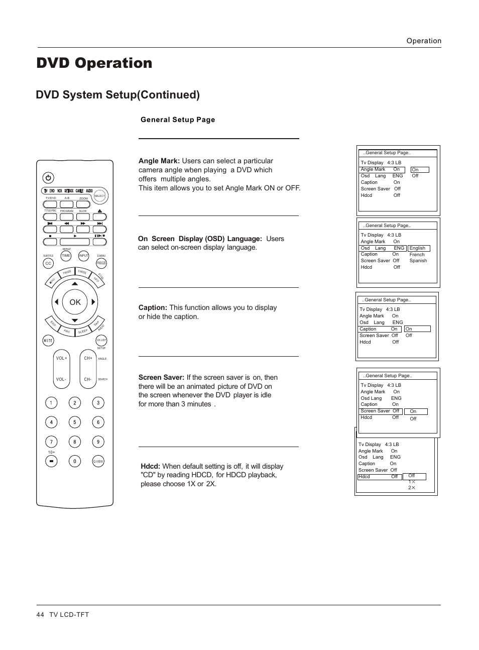 Т³гж 44, Dvd operation, Dvd system setup(continued) | Operation, 44 tv lcd-tft | haier HLC32 User Manual | Page 44 / 52