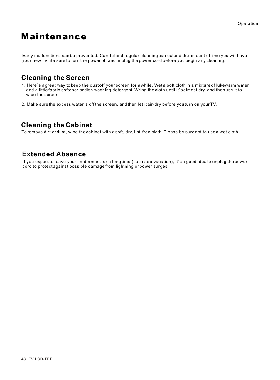 Т³гж 48, Maintenance, Cleaning the screen | Cleaning the cabinet extended absence | haier HLC32 User Manual | Page 48 / 52