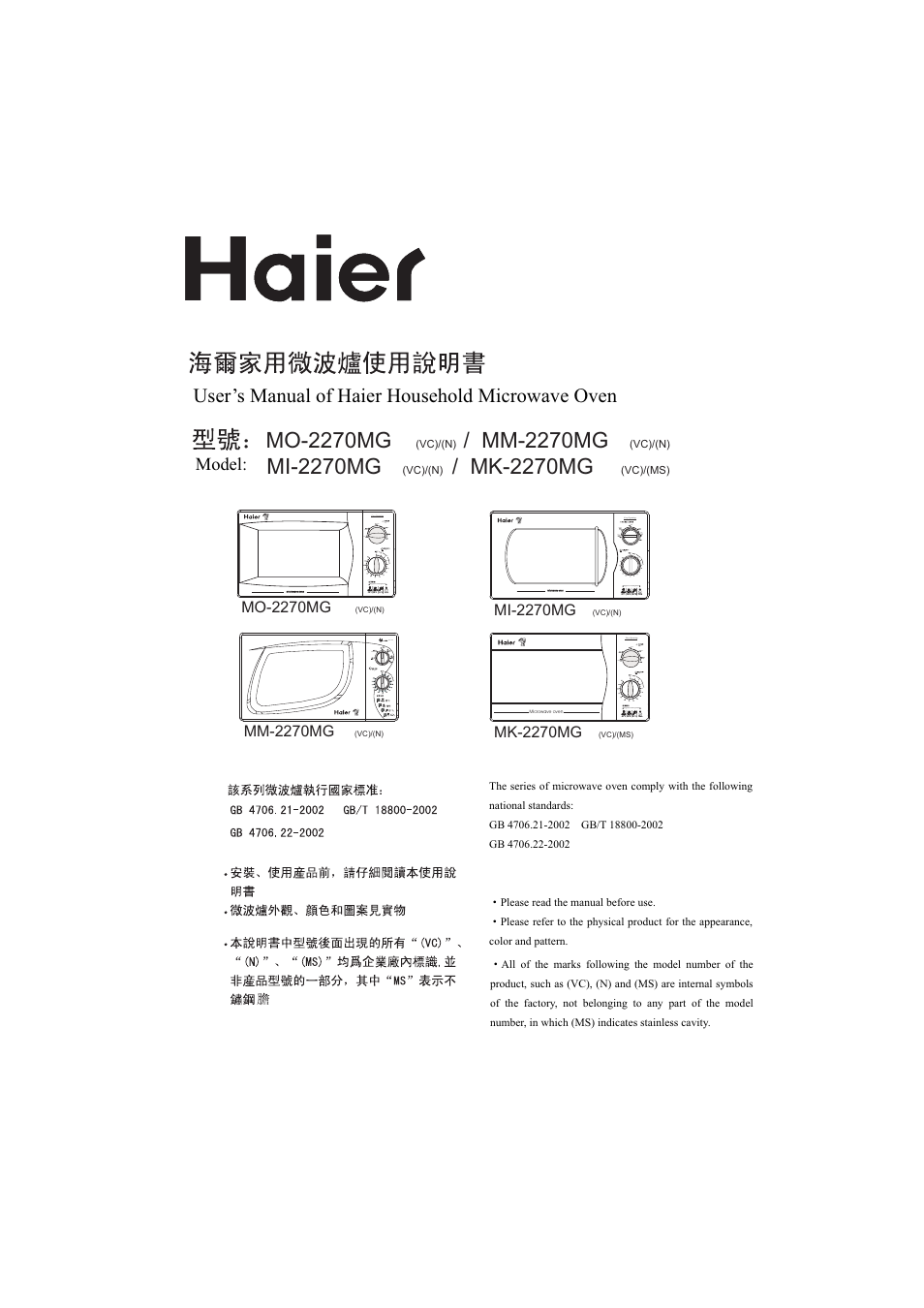 haier MI-2270MG User Manual | 16 pages