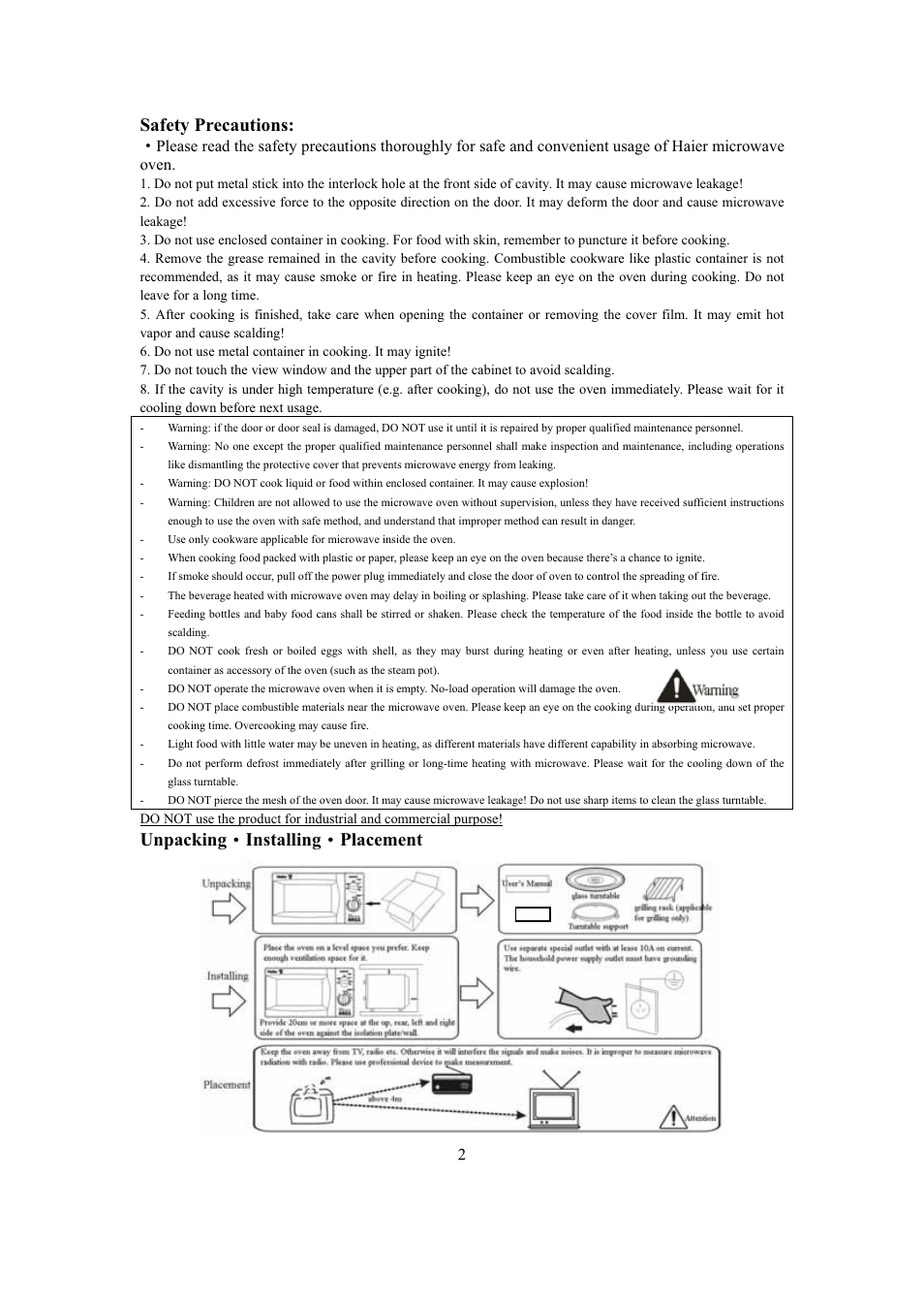 Safety precautions, Unpacking g installing g placement | haier MI-2270MG User Manual | Page 11 / 16