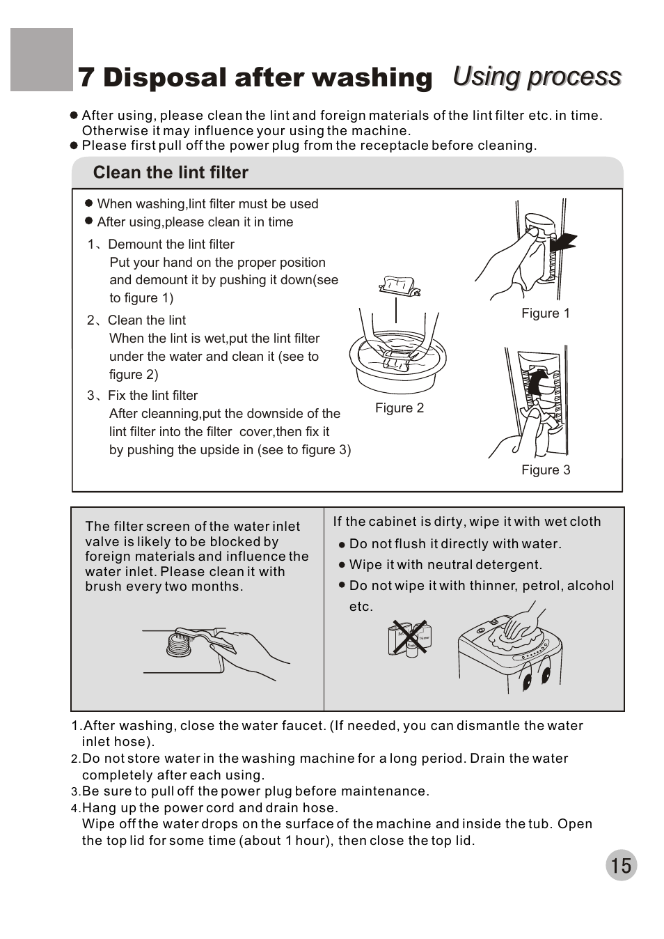 Using process, Using process 7 disposal after washing, Clean the lint filter | haier XQBM30-22 User Manual | Page 17 / 20