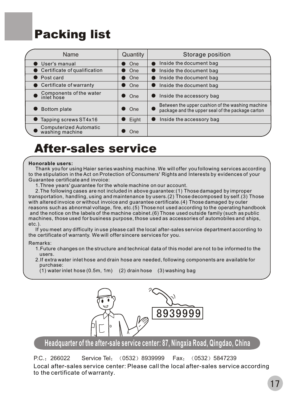 Packing list after-sales service | haier XQBM30-22 User Manual | Page 19 / 20