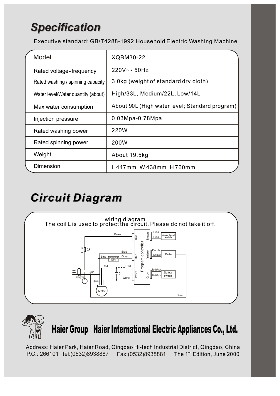 Model, Xqbm30-22 | haier XQBM30-22 User Manual | Page 20 / 20