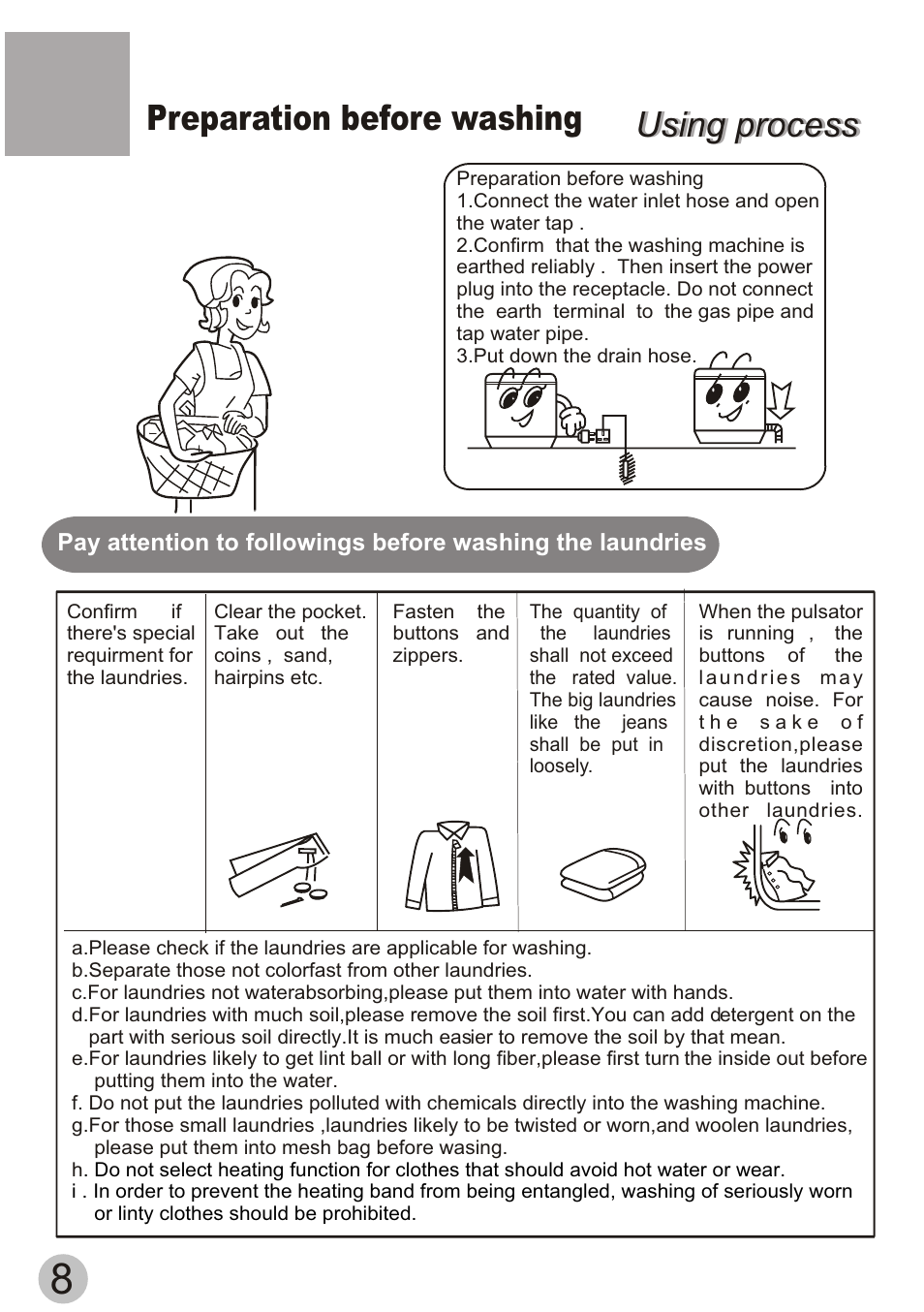 Using process, Using process preparation before washing | haier XQB55-10H User Manual | Page 10 / 20