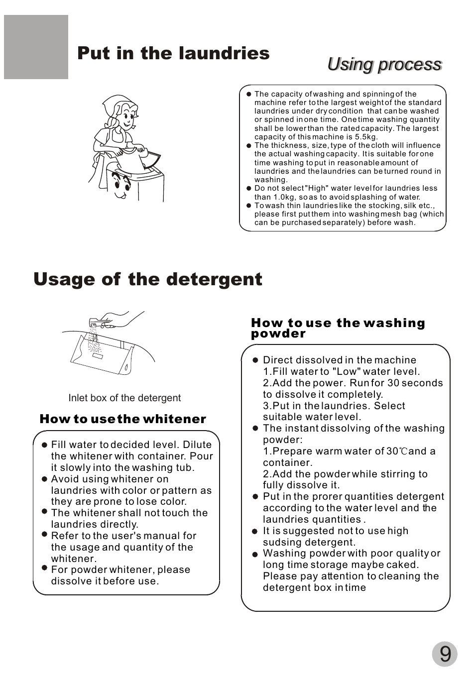 Using process, Put in the laundries, Usage of the detergent | haier XQB55-10H User Manual | Page 11 / 20