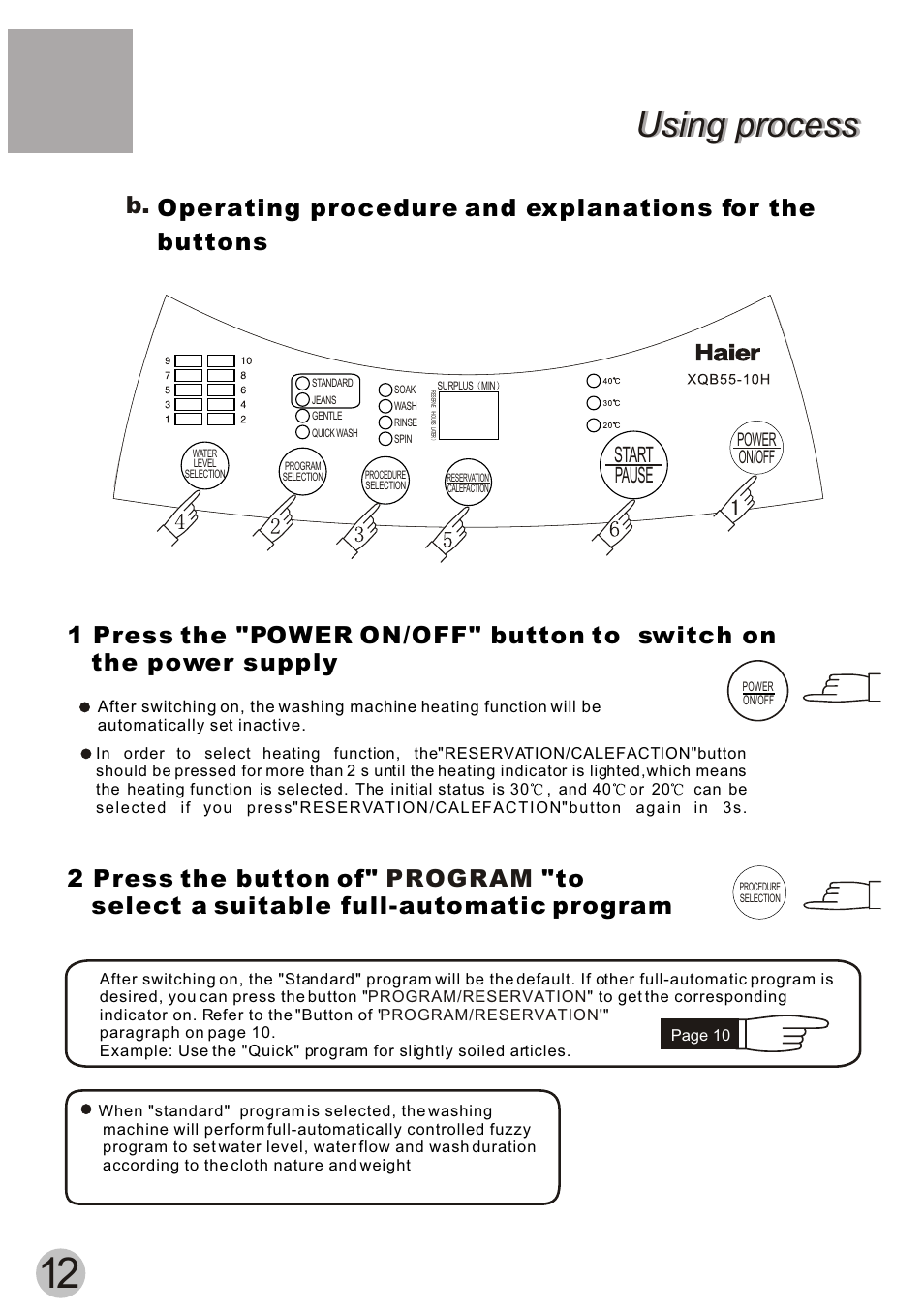 Using process, Pause start | haier XQB55-10H User Manual | Page 14 / 20
