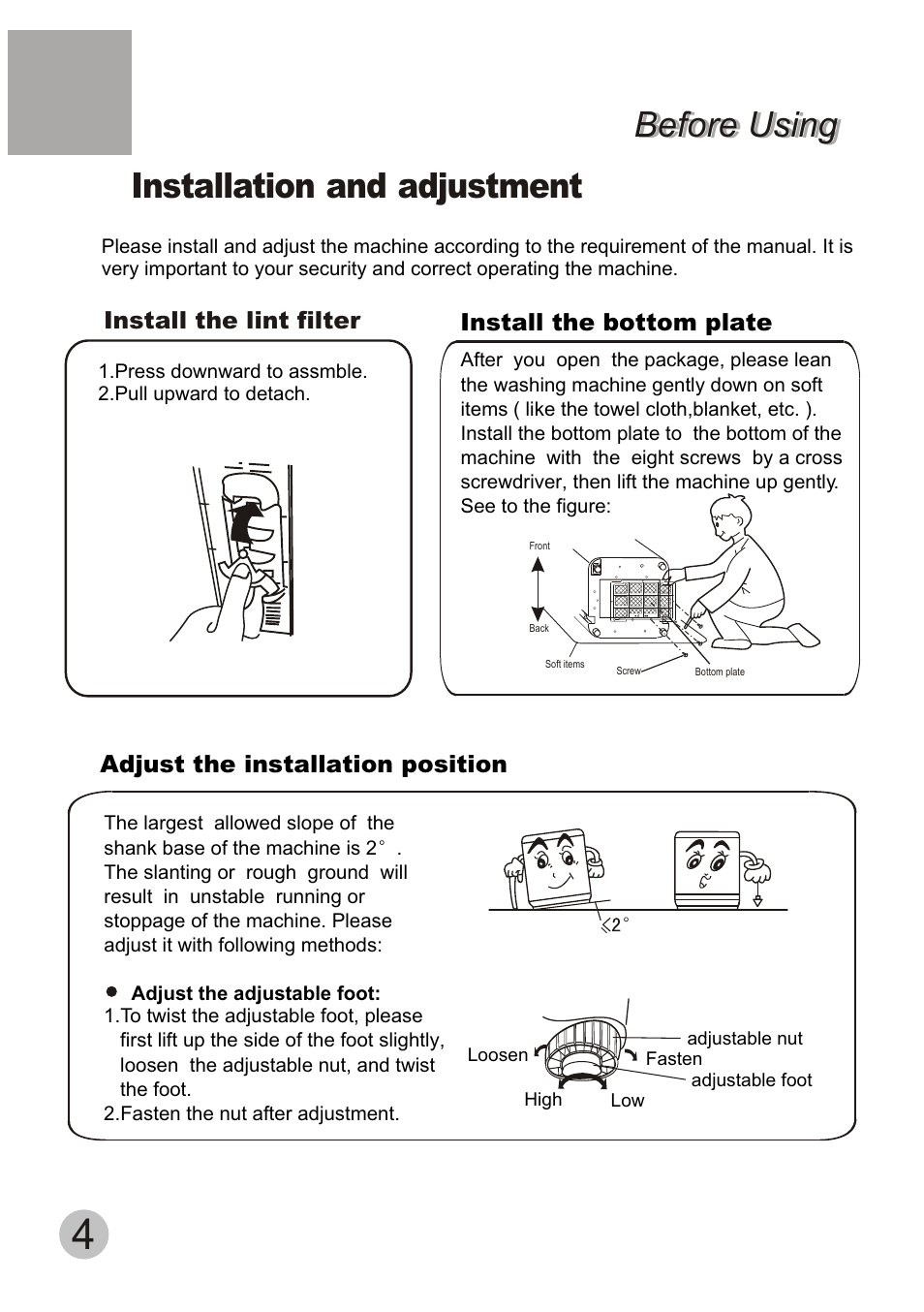 Installation and adjustment, Before using | haier XQB55-10H User Manual | Page 6 / 20