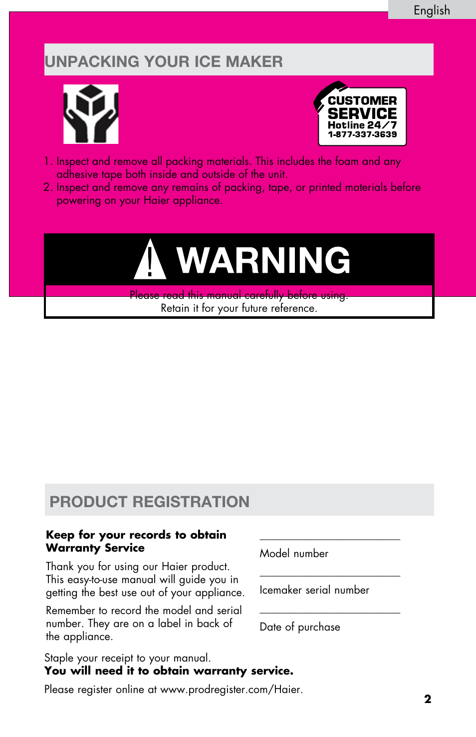 Product registration, Unpacking your ice maker | haier HPIM26W User Manual | Page 3 / 13