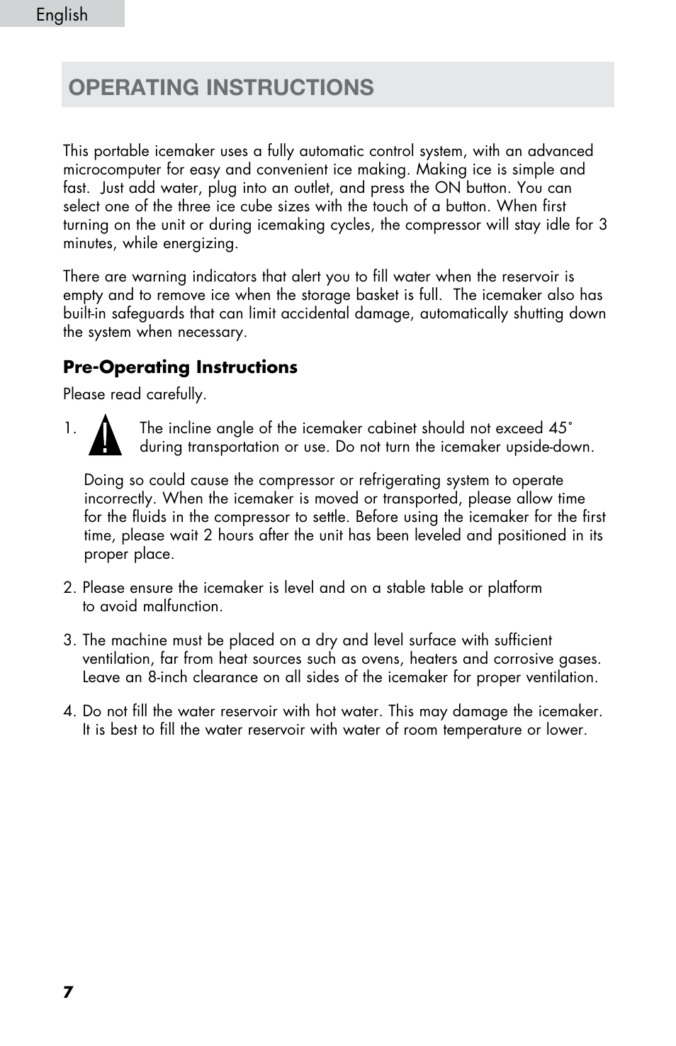 Warning, Operating instructions | haier HPIM26W User Manual | Page 8 / 13