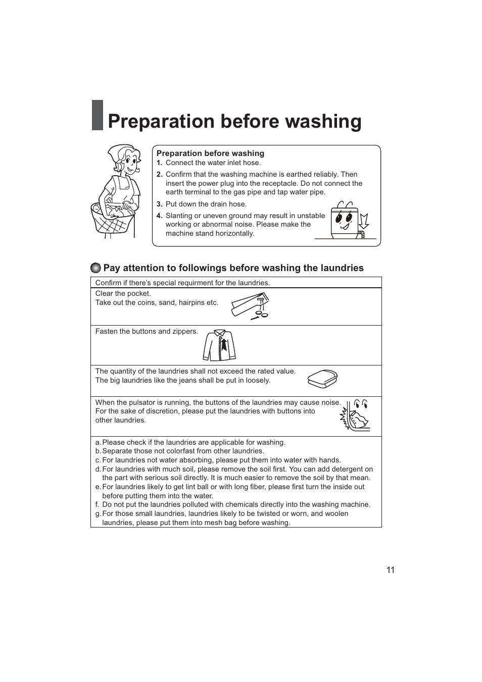 Preparation before washing | haier HWM70-928NZP User Manual | Page 11 / 20