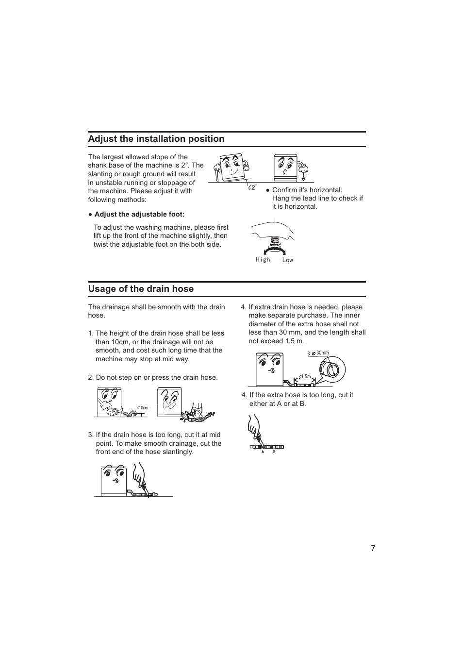 Usage of the drain hose, Adjust the installation position | haier HWM70-928NZP User Manual | Page 7 / 20