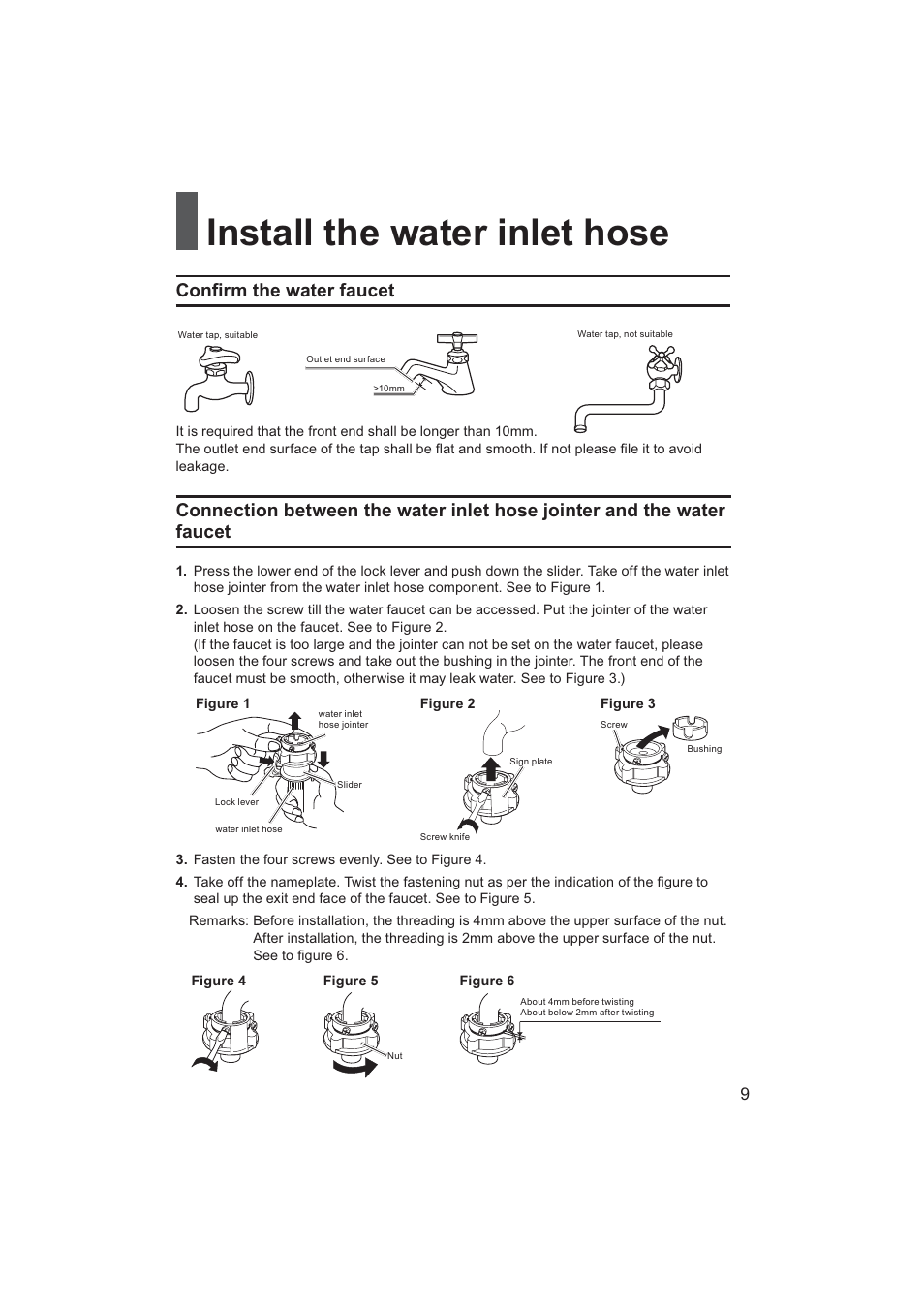 Install the water inlet hose, Conﬁrm the water faucet | haier HWM70-928NZP User Manual | Page 9 / 20