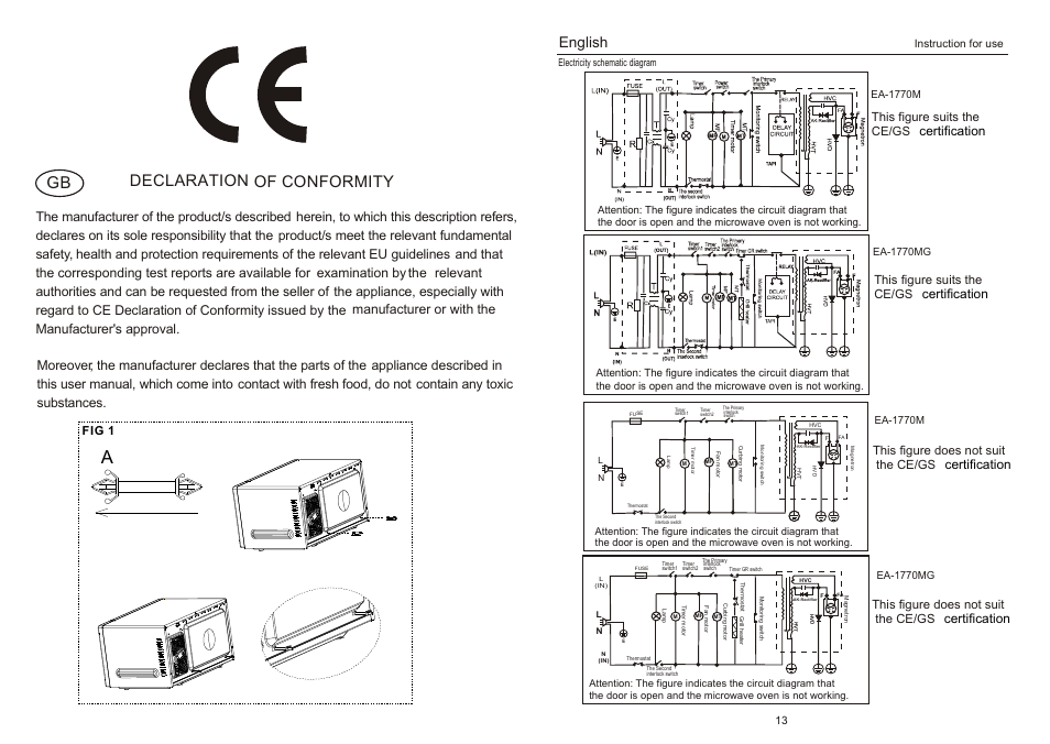 Declaration of conformity, English, This figure suits the | Ce/gs, Certification this figure suits the, Certification this figure does not suit the ce/gs, Certification, Fig 1, Instruction for use 13 | haier EA-1770MG User Manual | Page 2 / 8