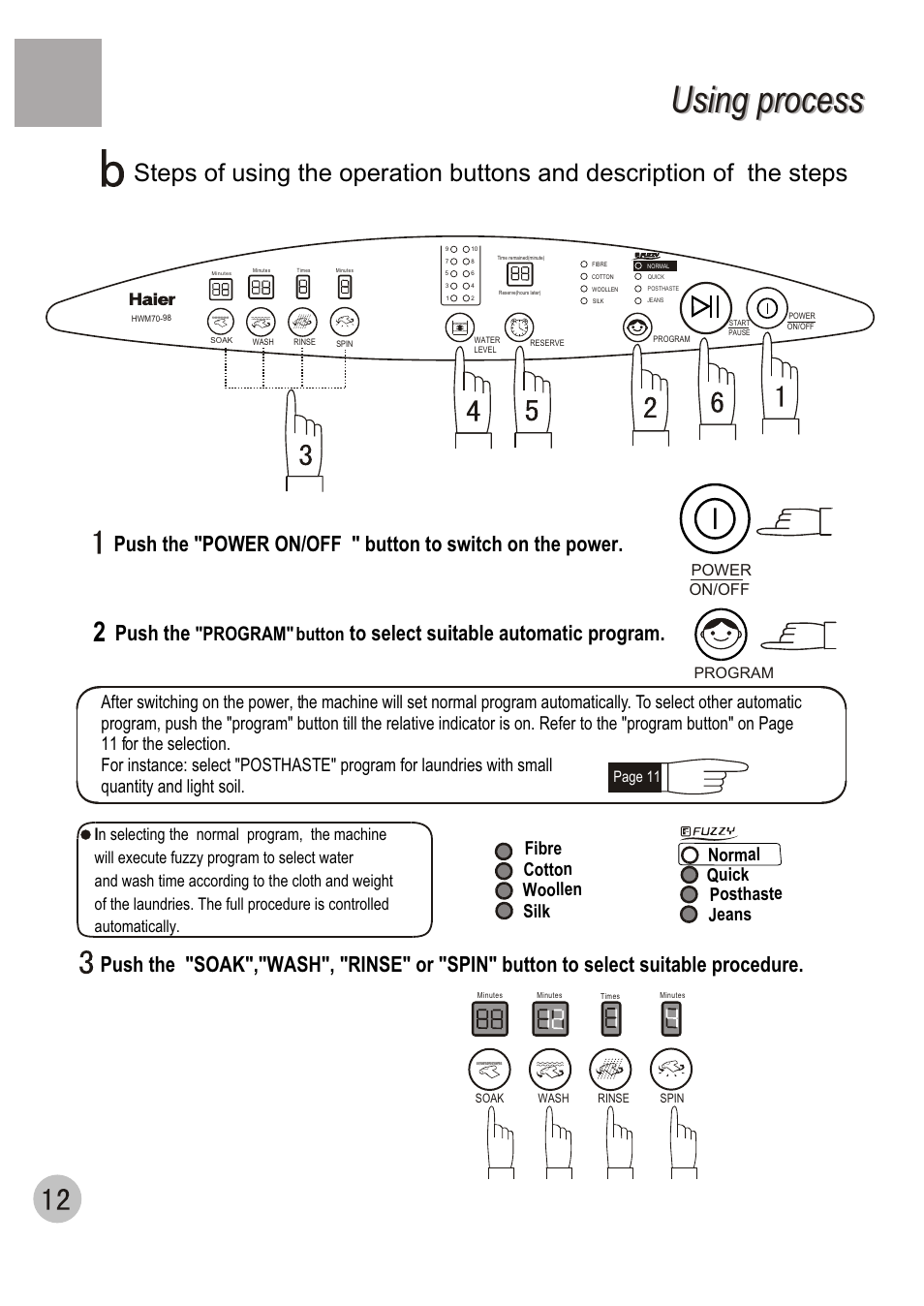 Using process, Push the, Program | Button, Page 11 power on/off | haier HWM70-98 User Manual | Page 14 / 21