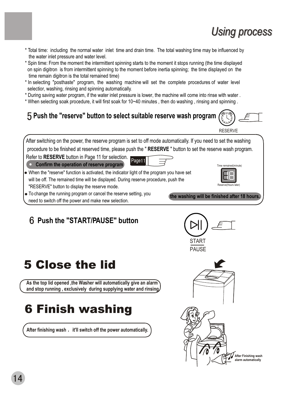 Using process, 5 close the lid 6 finish washing, Push the "start/pause" button | haier HWM70-98 User Manual | Page 16 / 21