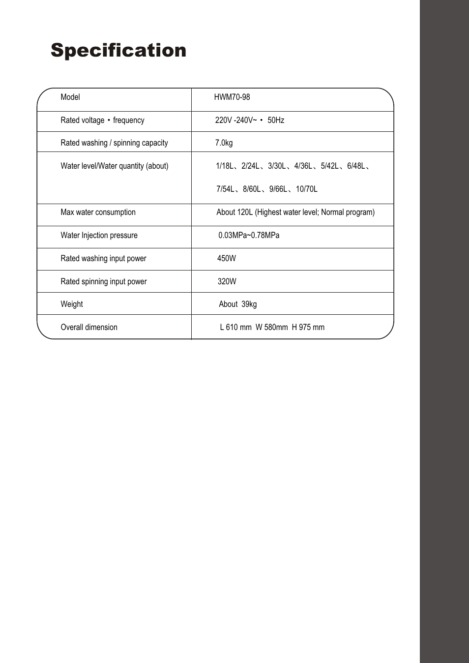 Specification | haier HWM70-98 User Manual | Page 20 / 21