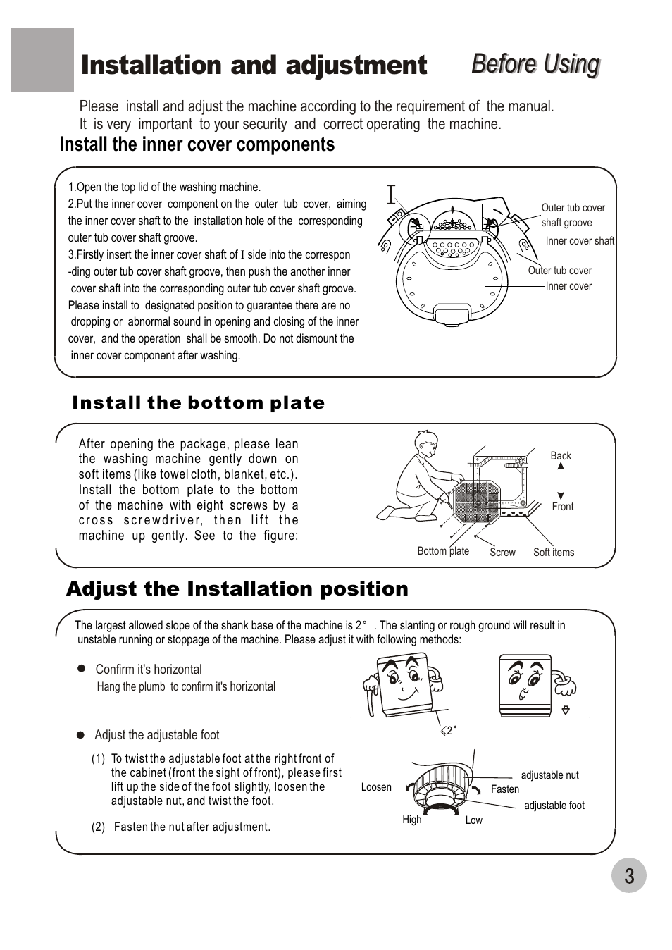 Before using, Before using installation and adjustment, Adjust the installation position | Install the inner cover components, Install the bottom plate | haier HWM70-98 User Manual | Page 5 / 21