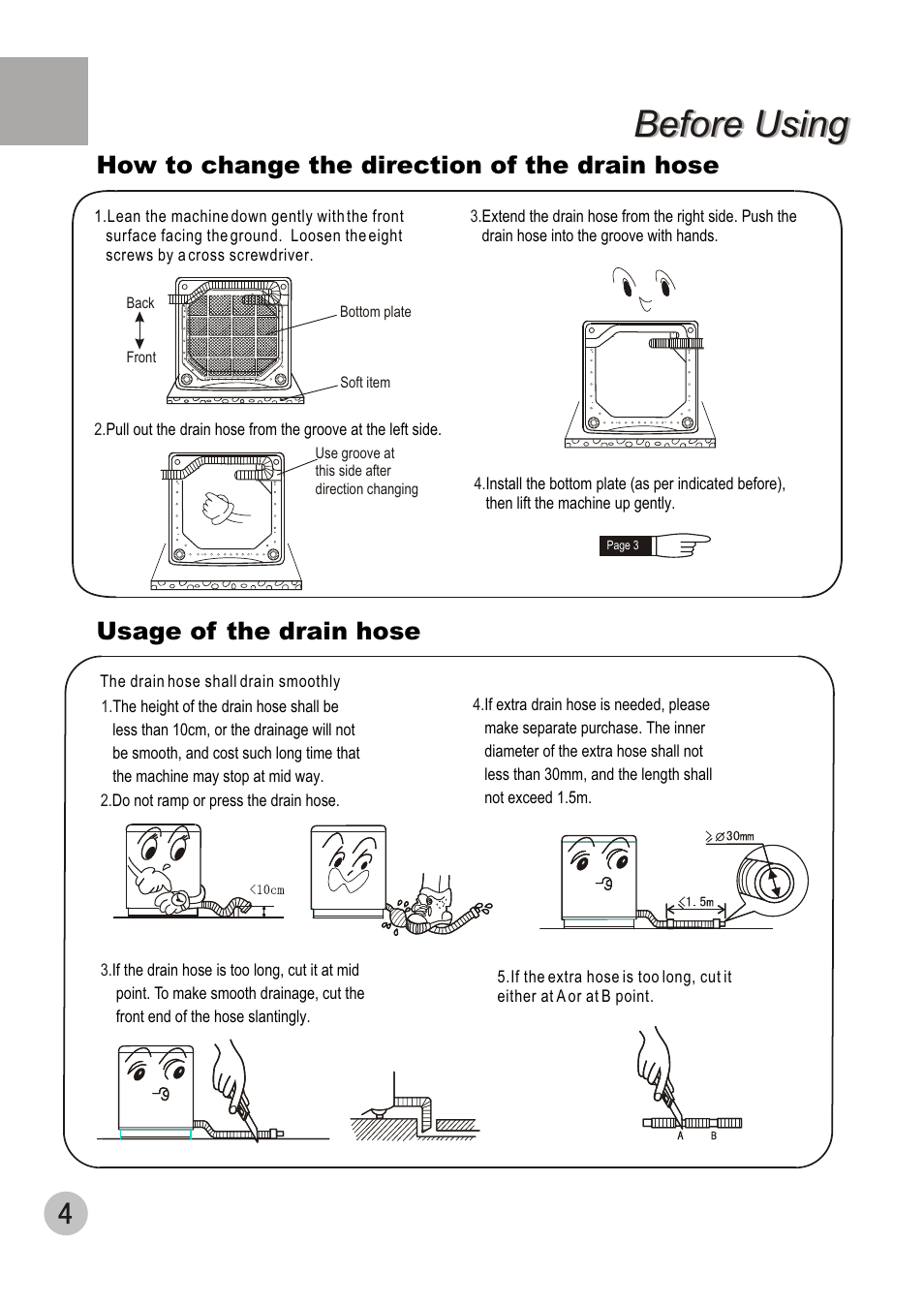 Before using, Usage of the drain hose, How to change the direction of the drain hose | haier HWM70-98 User Manual | Page 6 / 21