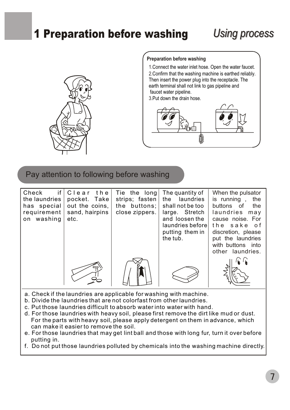 Using process, Using process 1 preparation before washing, Pay attention to following before washing | haier HWM70-98 User Manual | Page 9 / 21