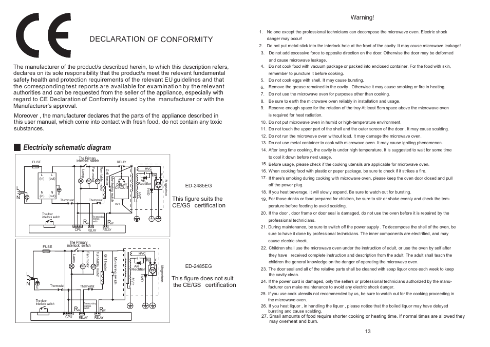 Declaration of conformity, Electricity schematic diagram, Warning | This figure suits the, Ce/gs, Certification this figure does not suit the ce/gs, Certification | haier ED-2485EG User Manual | Page 2 / 8
