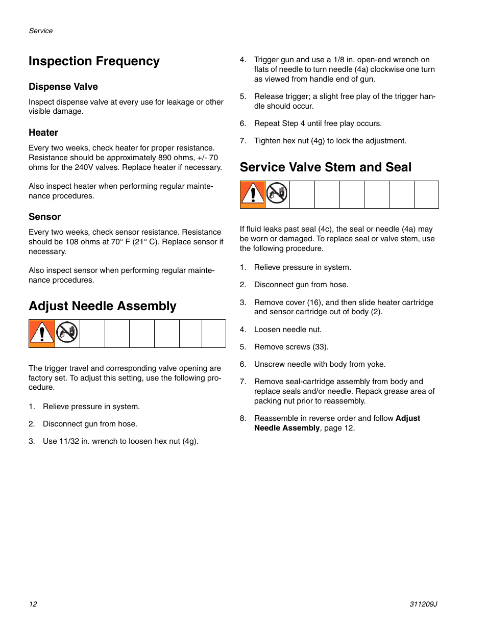 Inspection frequency, Adjust needle assembly, Service valve stem and seal | haier 311209J User Manual | Page 12 / 22