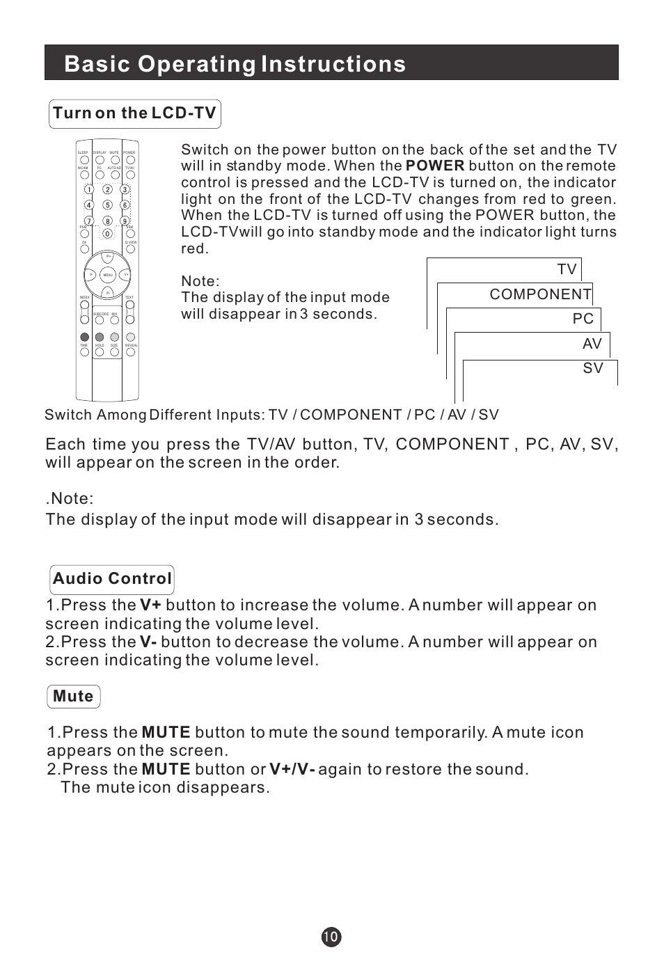 Basic operating instructions, Turn on the lcd-tv | haier L1709A-A User Manual | Page 12 / 25