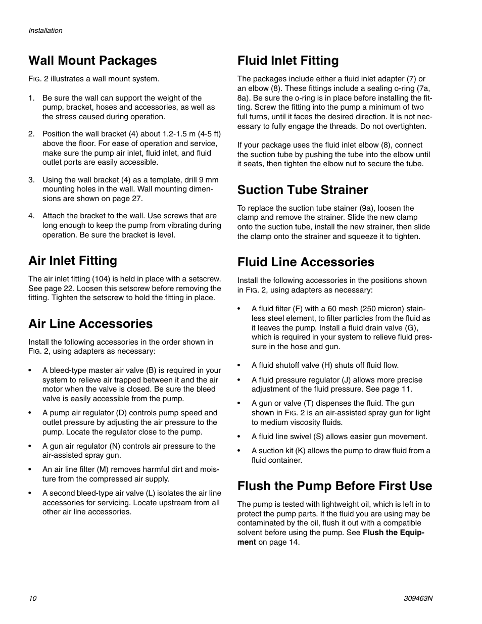 Wall mount packages, Air inlet fitting, Air line accessories | Fluid inlet fitting, Suction tube strainer, Fluid line accessories, Flush the pump before first use | haier MERKUR 309463N User Manual | Page 10 / 28