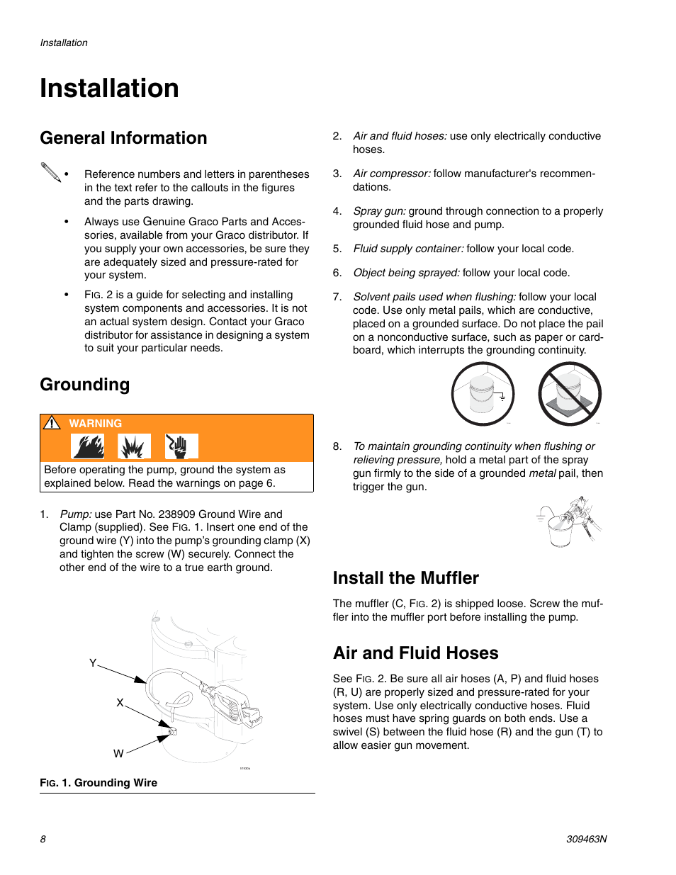 Installation, General information, Grounding | Install the muffler, Air and fluid hoses, General information grounding | haier MERKUR 309463N User Manual | Page 8 / 28