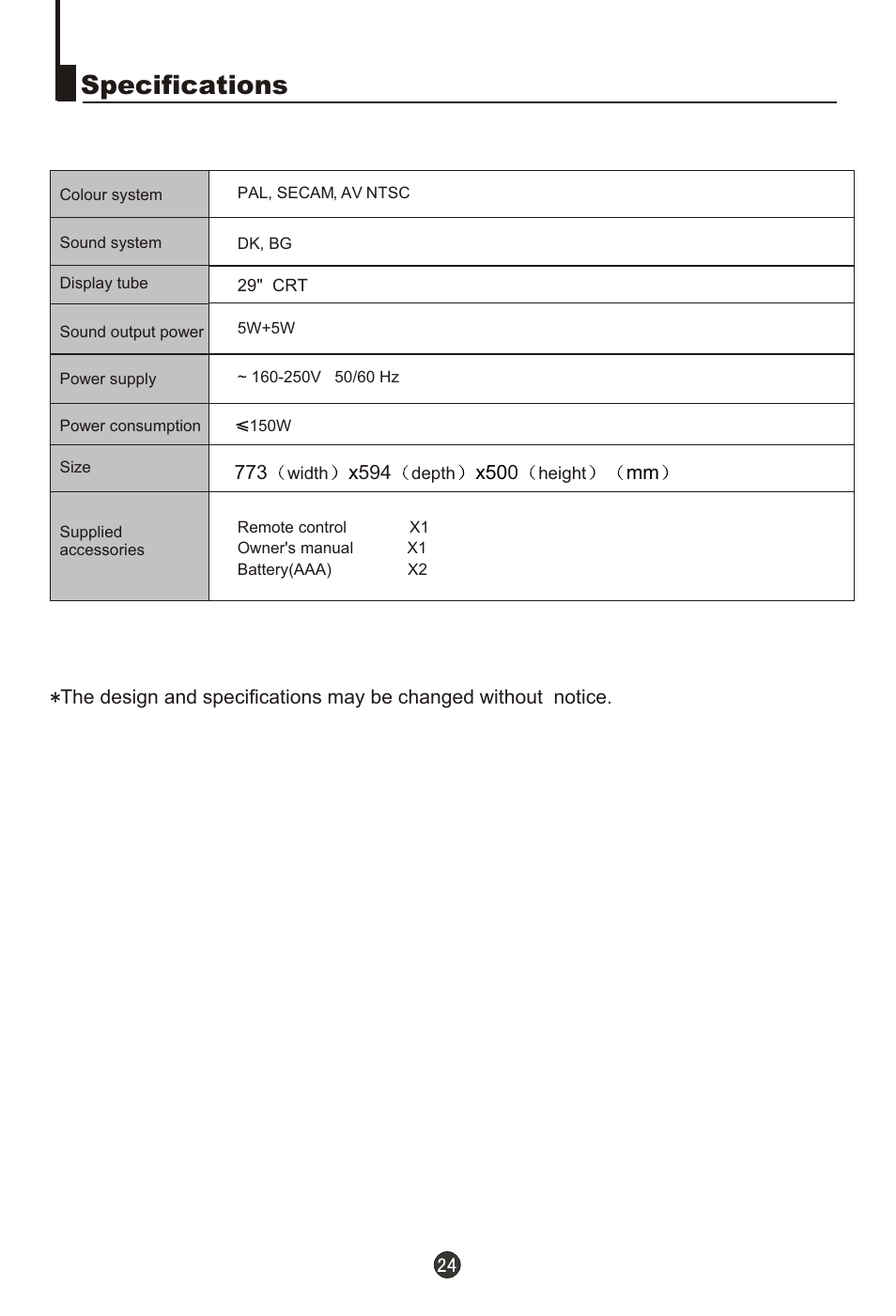Т³гж 25, Specifications | haier 29T9D User Manual | Page 25 / 26