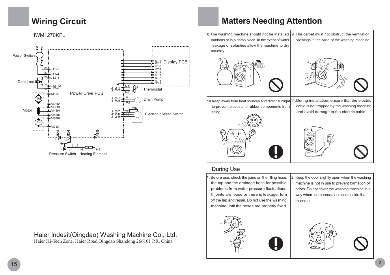 Wiring circuit, Matters needing attention, Haier indesit(qingdao) washing machine co., ltd | During use, Hwm1270kfl | haier HWM1270KFL User Manual | Page 3 / 10