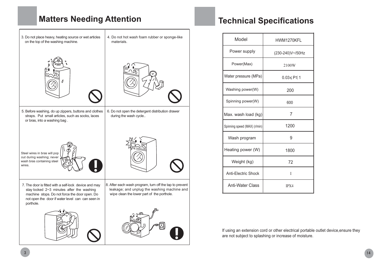 Technical specifications, Matters needing attention | haier HWM1270KFL User Manual | Page 4 / 10