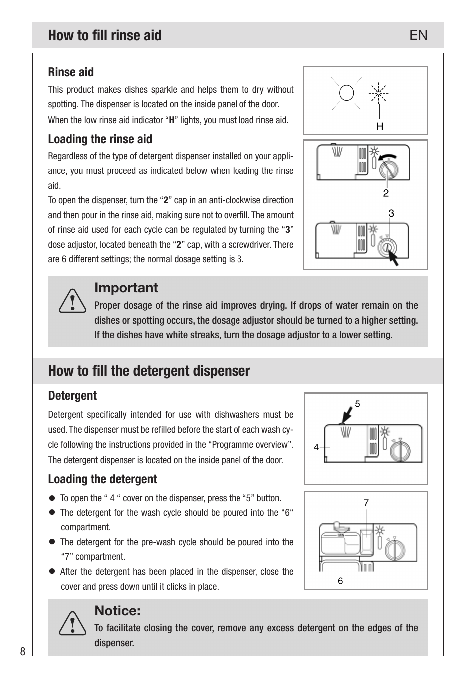 How to ﬁll rinse aid, How to ﬁll the detergent dispenser, Important | Notice | haier DW12-PFE2-E User Manual | Page 10 / 28