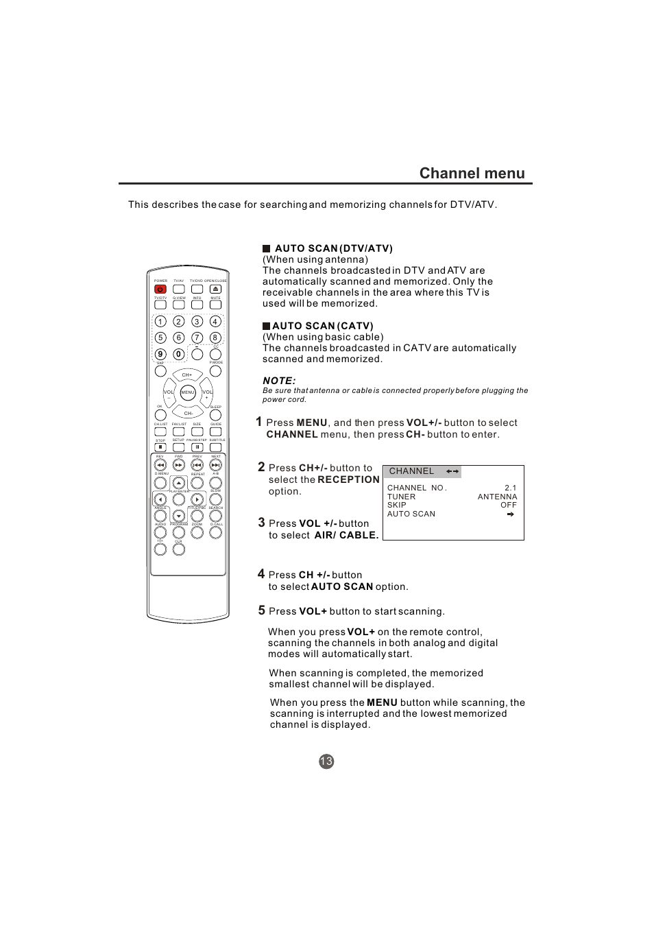 Channel menu, Press ch+/- button to select the reception option, Press ch +/- button to select auto scan option | Press vol+ button to start scanning | haier TCR20-A User Manual | Page 14 / 94