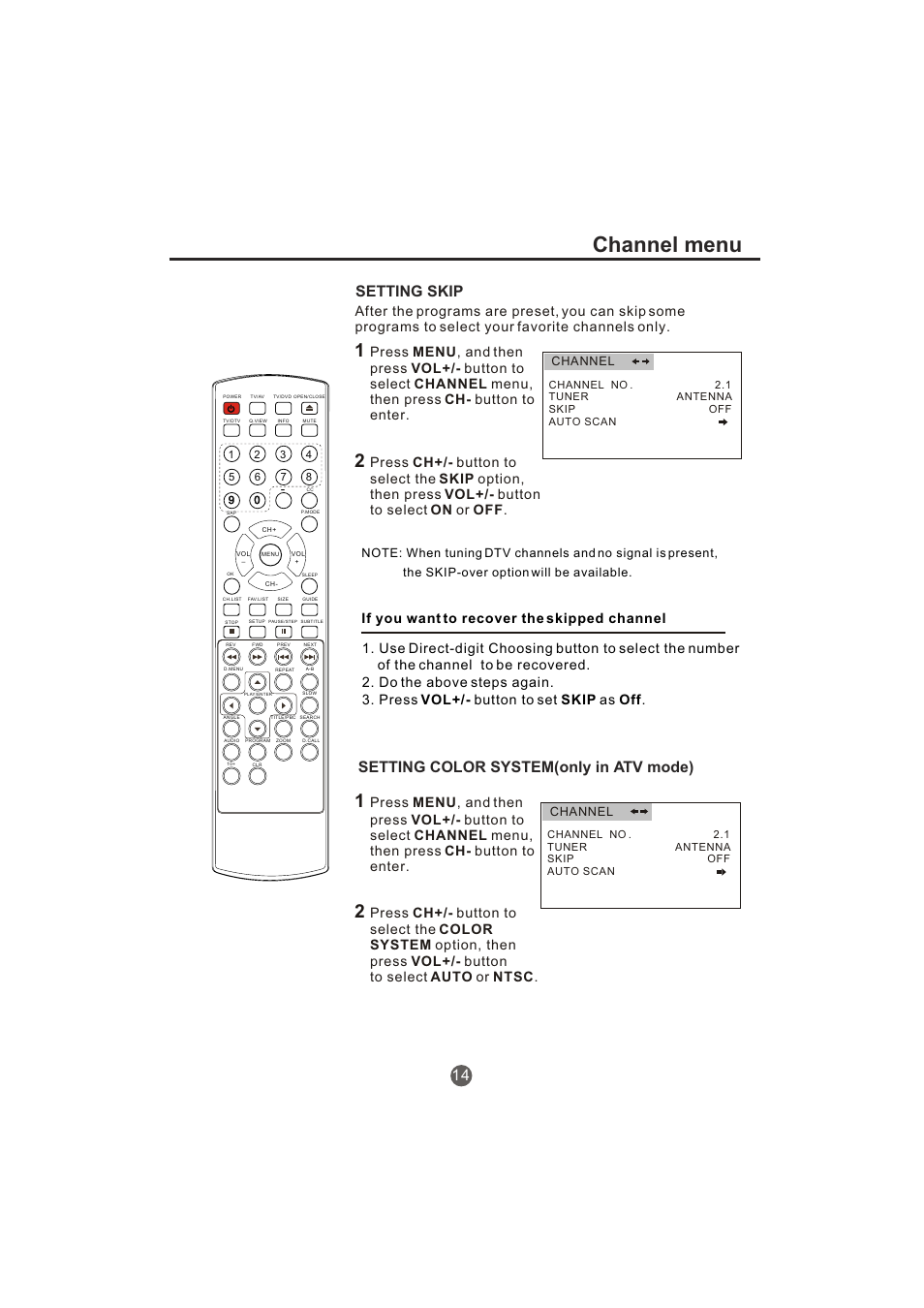 Channel menu, Setting skip, Setting color system(only in atv mode) | haier TCR20-A User Manual | Page 15 / 94