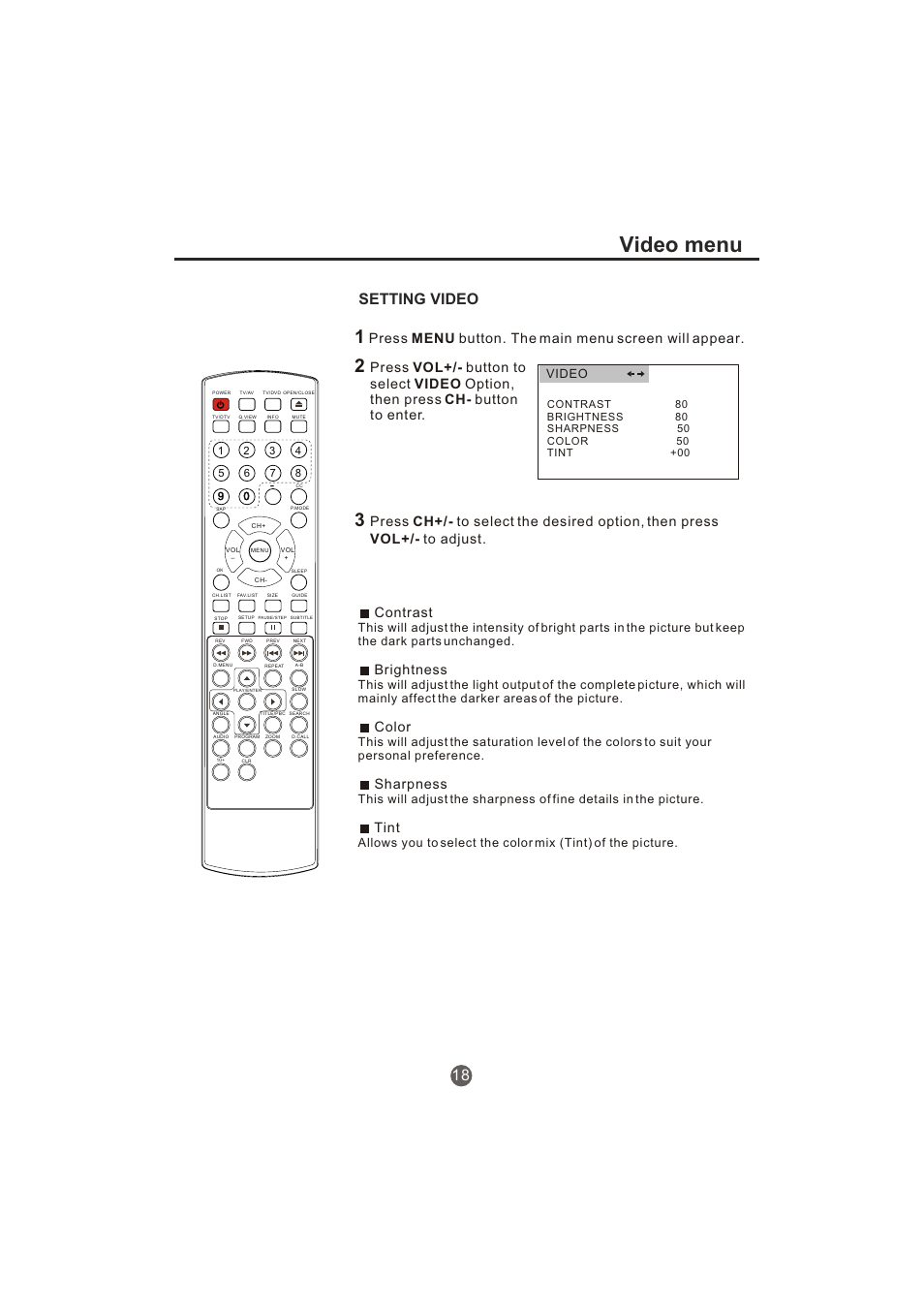 Video menu, Setting video 18, Contrast | Brightness, Color, Sharpness, Tint, Video | haier TCR20-A User Manual | Page 19 / 94