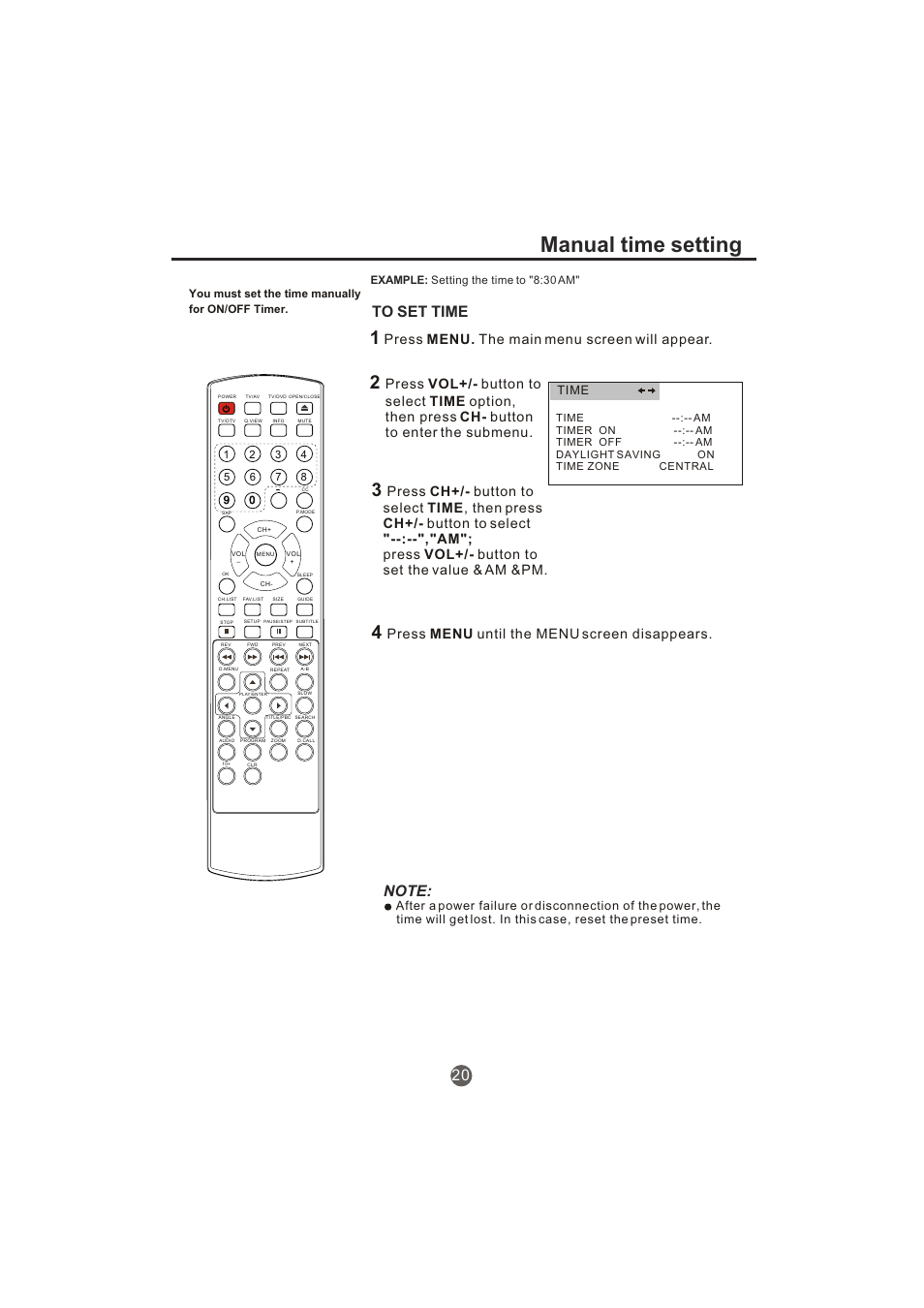 Manual time setting, Press menu. the main menu screen will appear, Press menu until the menu screen disappears | Time | haier TCR20-A User Manual | Page 21 / 94