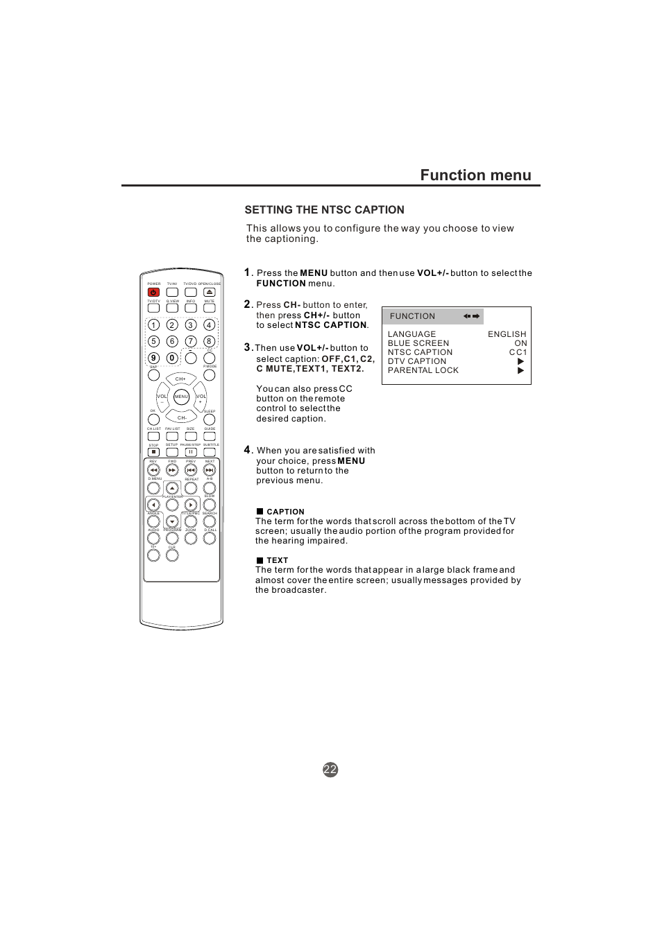 Function menu, Setting the ntsc caption 1, Ress ch+/- button to select ntsc caption | haier TCR20-A User Manual | Page 23 / 94