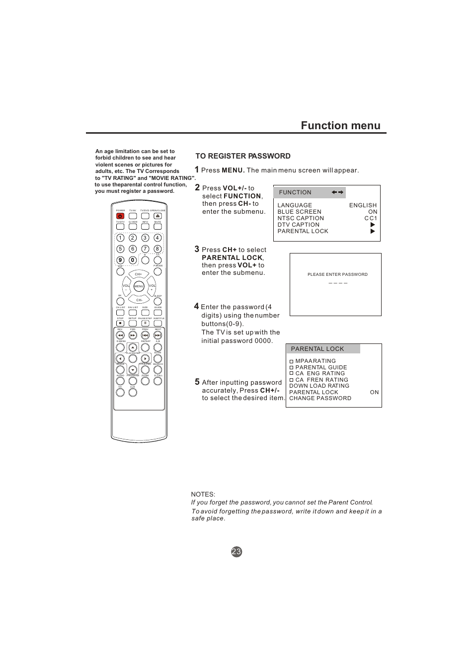 Function menu, Press menu. the main menu screen will appear, Cannot set the . parent control | Parental lock | haier TCR20-A User Manual | Page 24 / 94