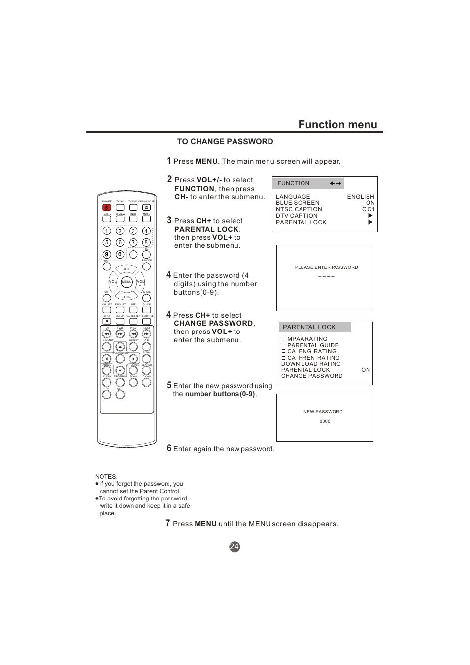 Function menu, Press menu until the menu screen disappears, Press menu. the main menu screen will appear | Enter again the new password | haier TCR20-A User Manual | Page 25 / 94