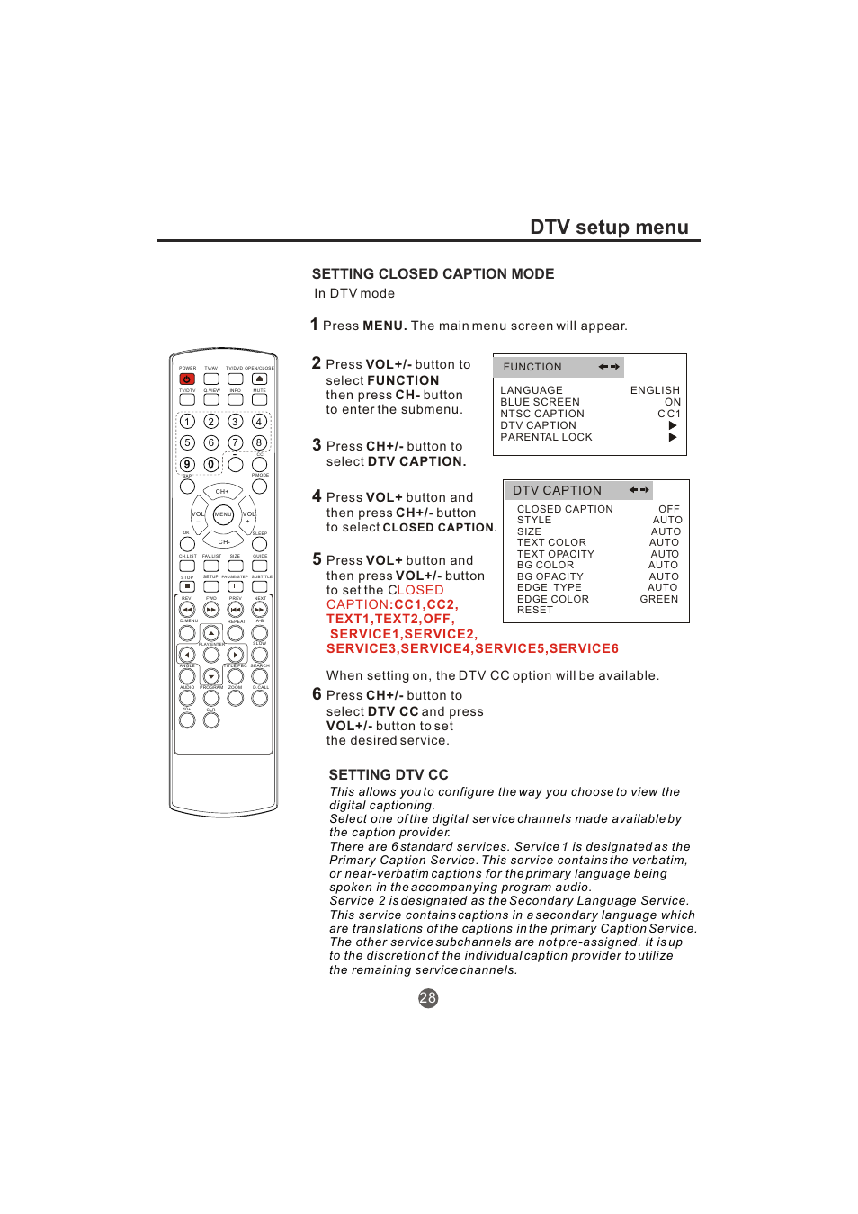 Dtv setup menu, Setting closed caption mode, Setting dtv cc 28 | Press menu. the main menu screen will appear, Press ch+/- button to select dtv caption, Dtv caption | haier TCR20-A User Manual | Page 29 / 94