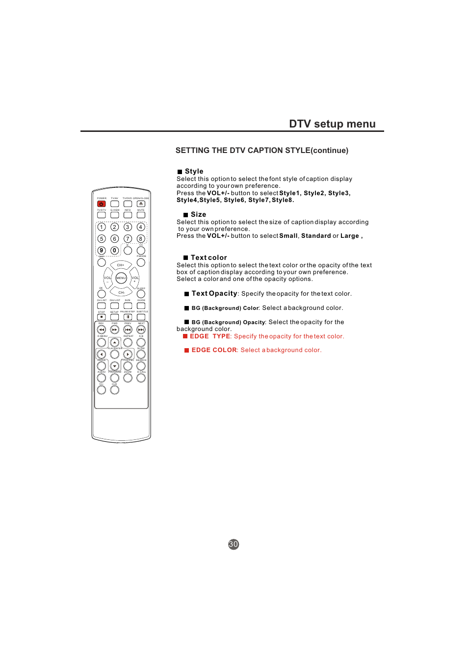 Dtv setup menu, Setting the dtv caption style(continue), Style | Size, Text color, Text opacity, Specify the opacity for the text color, Select a background color | haier TCR20-A User Manual | Page 31 / 94
