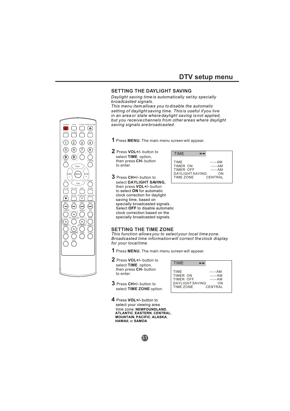 Dtv setup menu, Setting the daylight saving, Setting the time zone | haier TCR20-A User Manual | Page 32 / 94