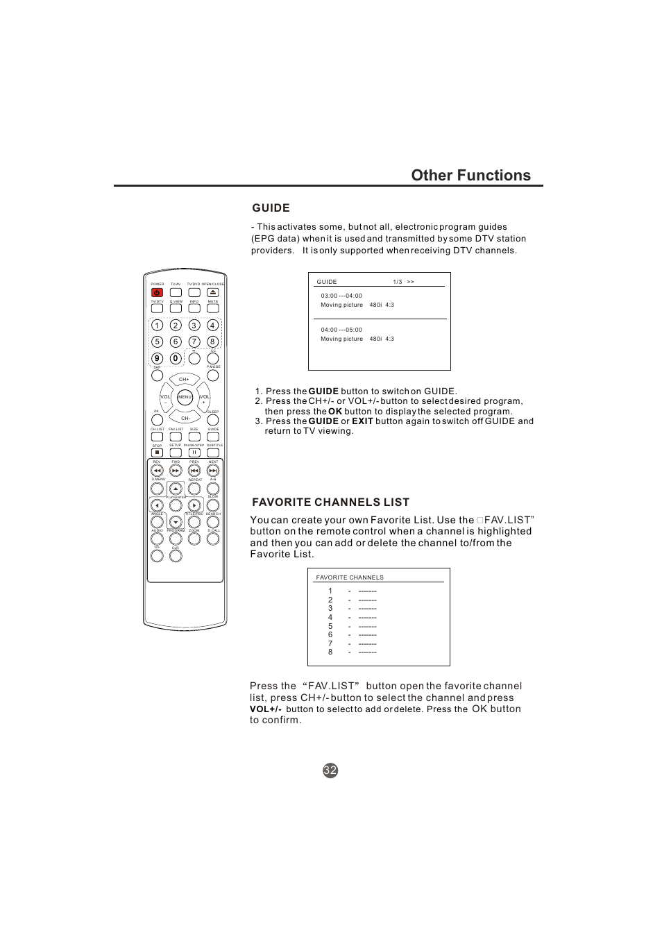 Other functions, Guide favorite channels list 32 | haier TCR20-A User Manual | Page 33 / 94