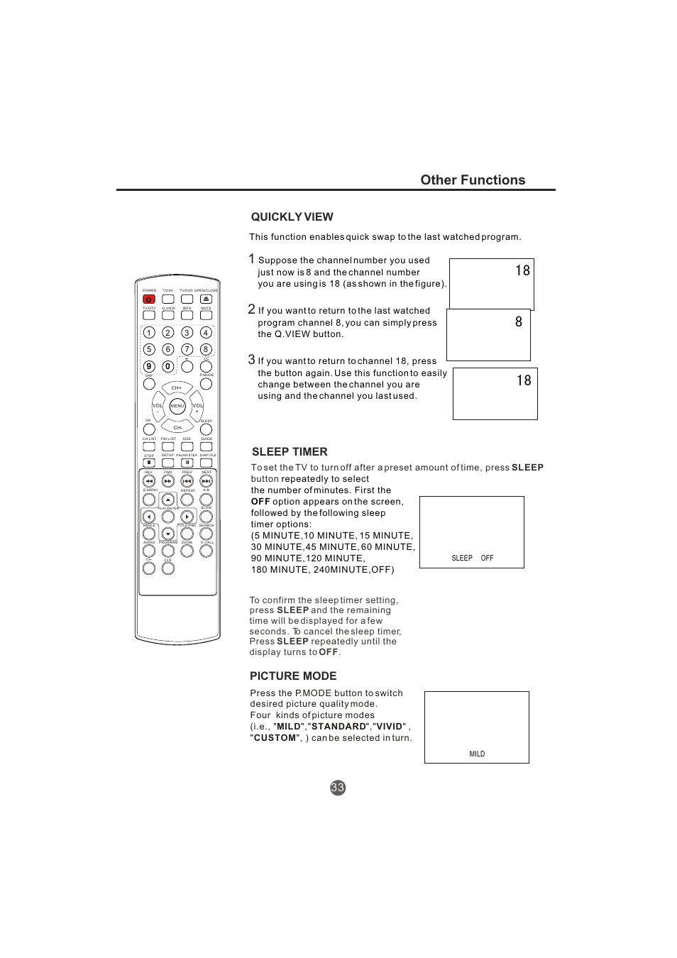 Other functions, Sleep timer, Picture mode | Quickly view 33 | haier TCR20-A User Manual | Page 34 / 94