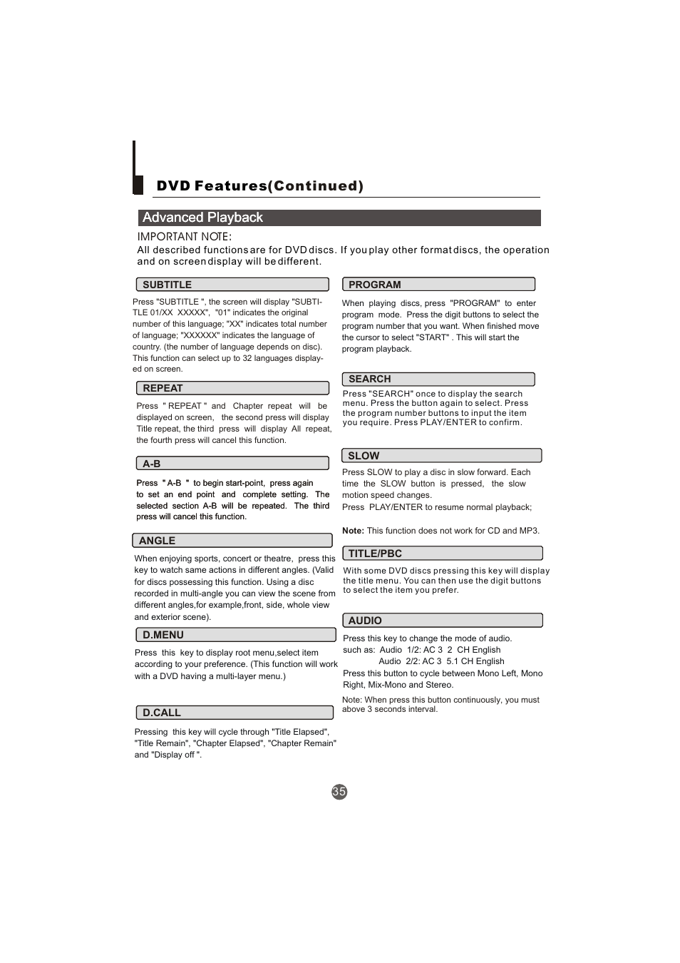 Advanced playback, Dvd features (continued) | haier TCR20-A User Manual | Page 36 / 94