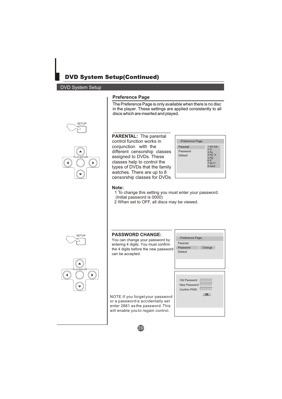 Dvd system setup(continued), Dvd system setup, Preference page | Password change | haier TCR20-A User Manual | Page 40 / 94