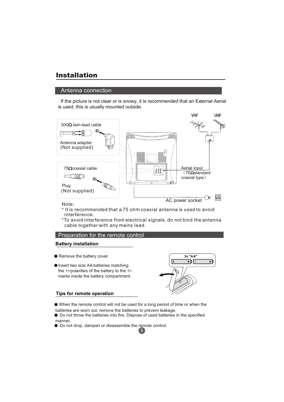 Installation, Preparation for the remote control, Antenna connection | haier TCR20-A User Manual | Page 6 / 94