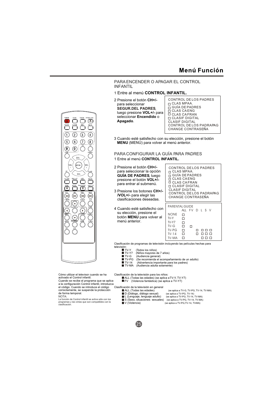 Para encender o apagar el control infantil, Entre al menú control infantil, Para configurar la guía para padres | haier TCR20-A User Manual | Page 73 / 94