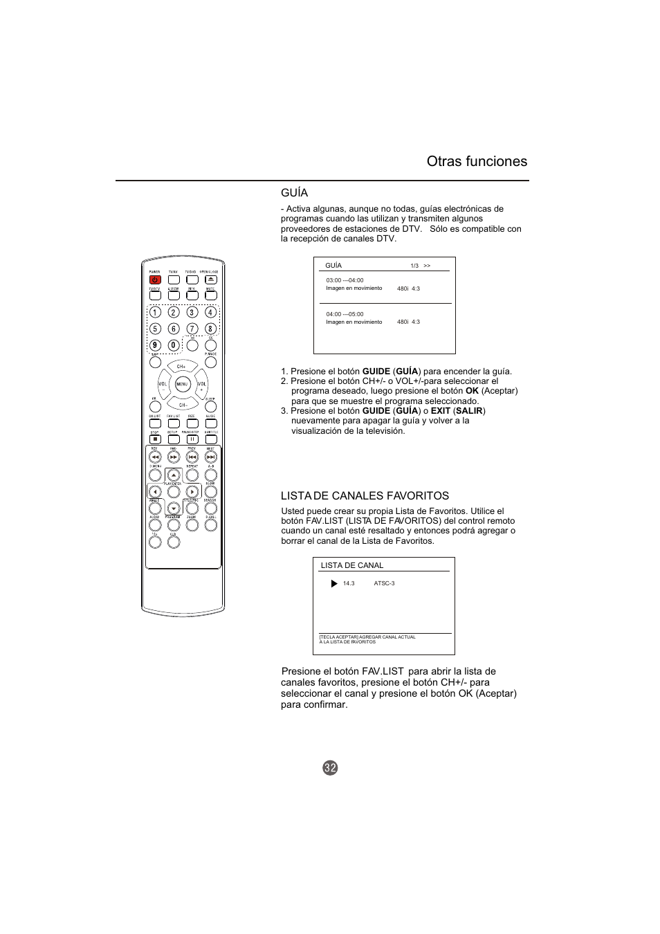 Otras funciones, Guía, Lista de canales favoritos | haier TCR20-A User Manual | Page 80 / 94