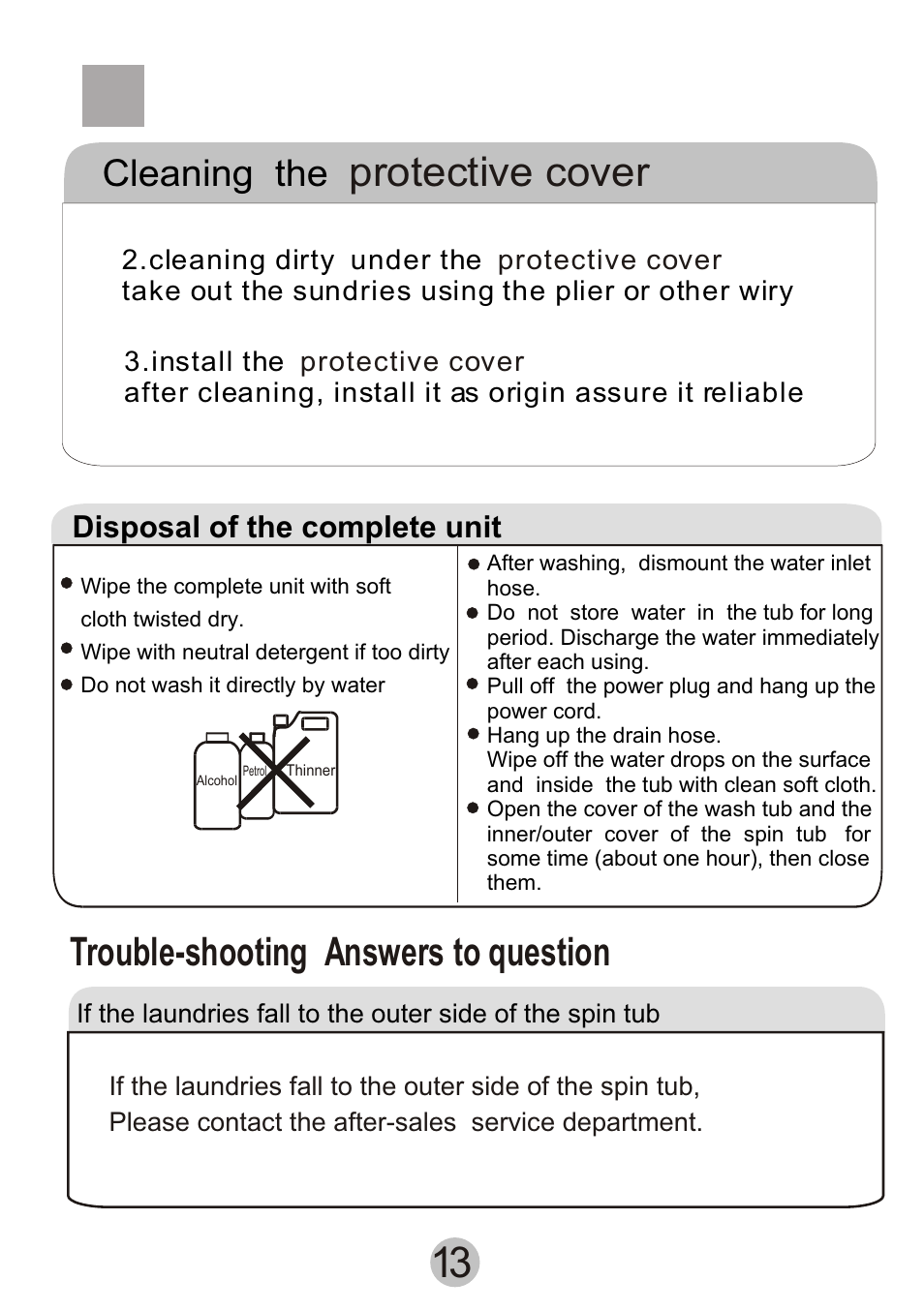 Т³гж 15, Ï ´ º у ´ ¦ а н, Protective cover | Trouble-shooting answers to question, Cleaning the | haier Twin-tub Washing Machine User Manual | Page 15 / 16